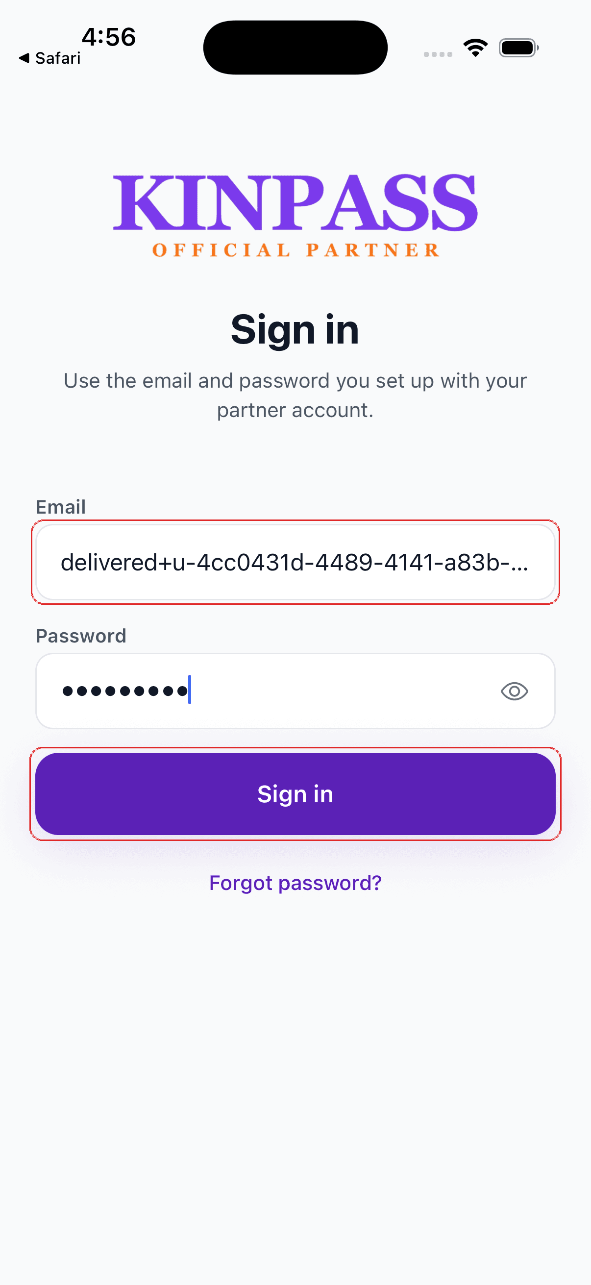 Sign in screen with email and password fields and the Sign in button boxed in red
