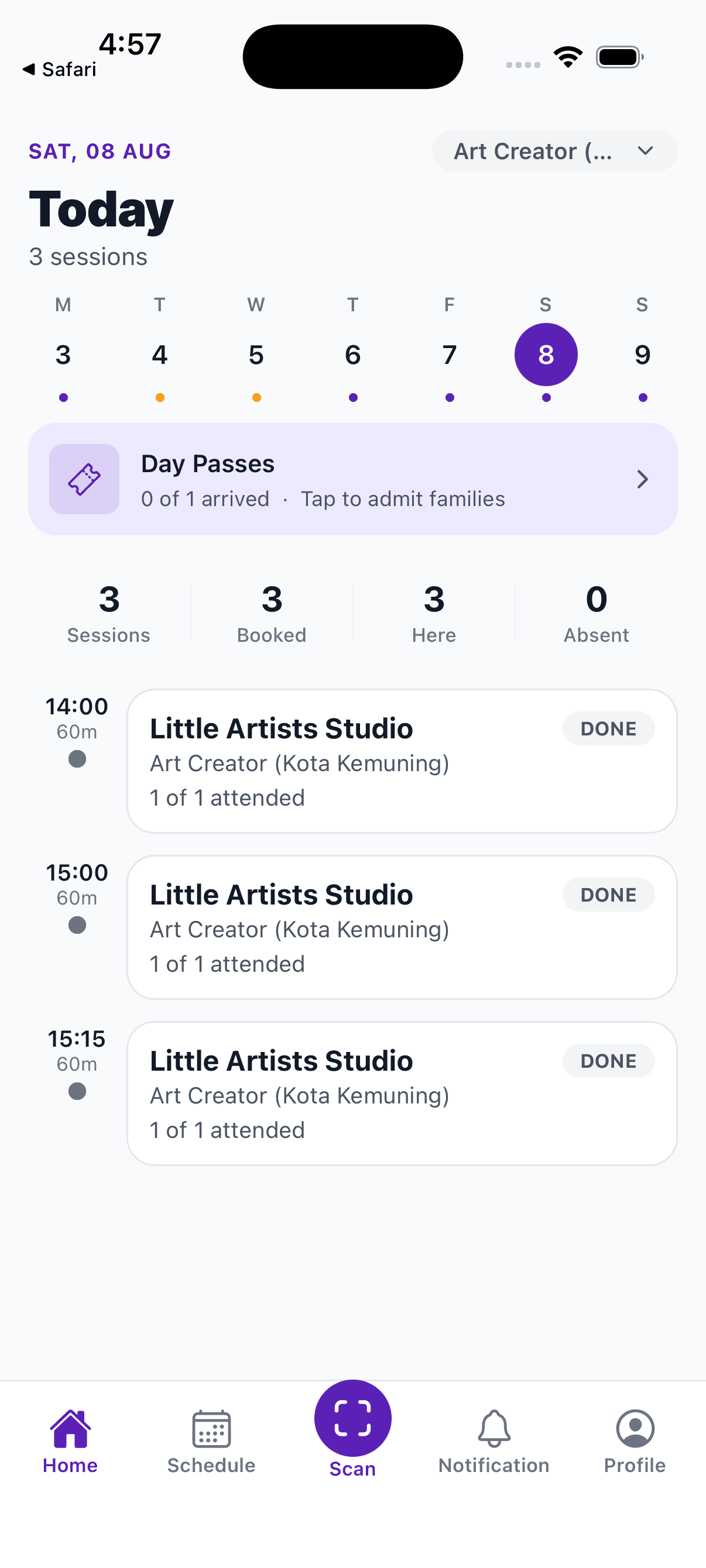 Today screen showing the Day Passes card and the day's classes listed underneath